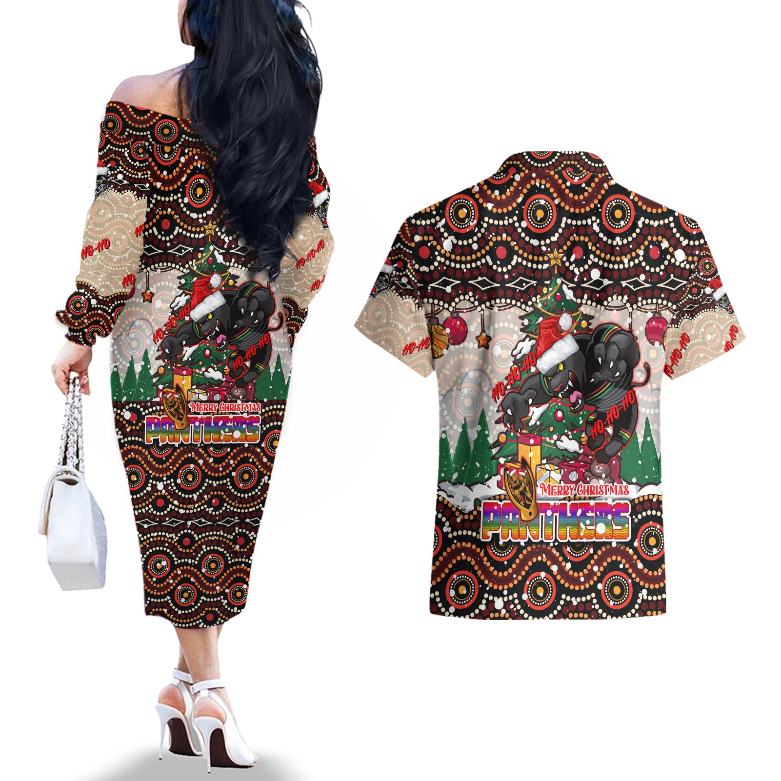 penrith-panthers-christmas-couples-matching-off-the-shoulder-long-sleeve-dress-and-hawaiian-shirt-rugby-australia-mascot