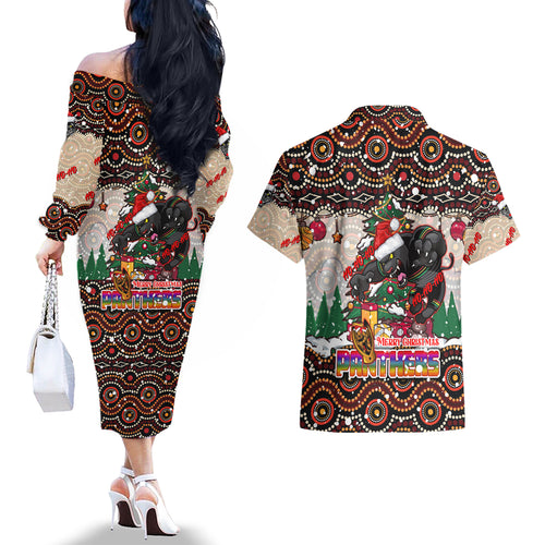 penrith-panthers-christmas-couples-matching-off-the-shoulder-long-sleeve-dress-and-hawaiian-shirt-rugby-australia-mascot