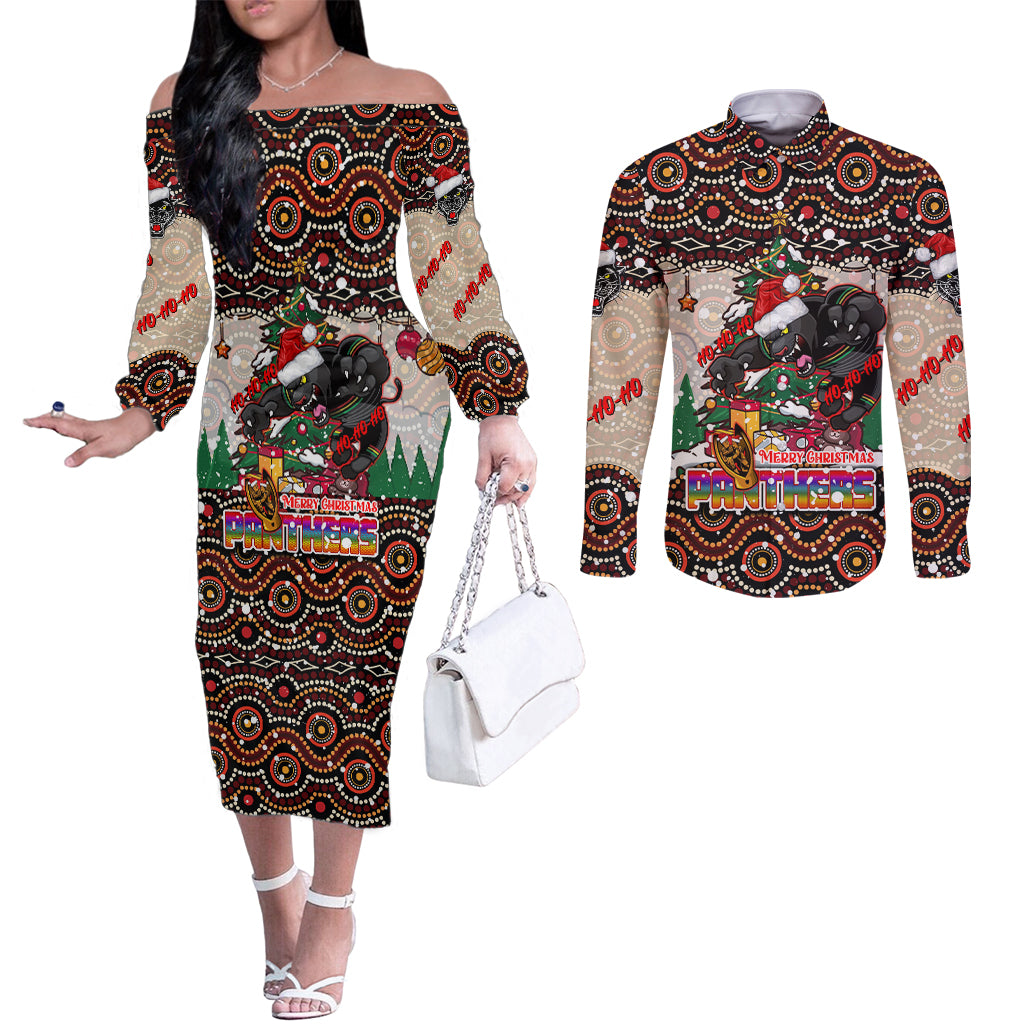 penrith-panthers-christmas-couples-matching-off-the-shoulder-long-sleeve-dress-and-long-sleeve-button-shirt-rugby-australia-mascot
