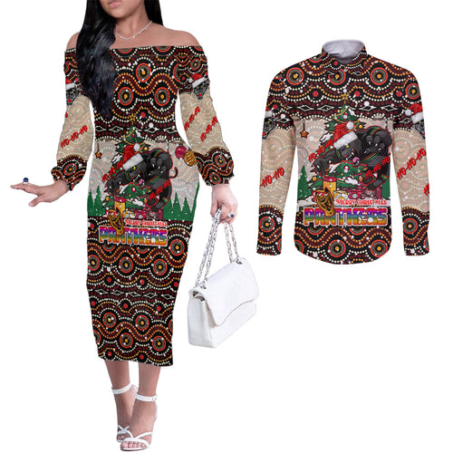 penrith-panthers-christmas-couples-matching-off-the-shoulder-long-sleeve-dress-and-long-sleeve-button-shirt-rugby-australia-mascot