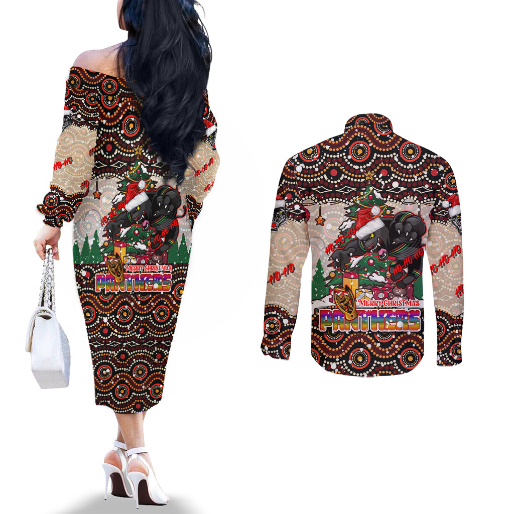 penrith-panthers-christmas-couples-matching-off-the-shoulder-long-sleeve-dress-and-long-sleeve-button-shirt-rugby-australia-mascot
