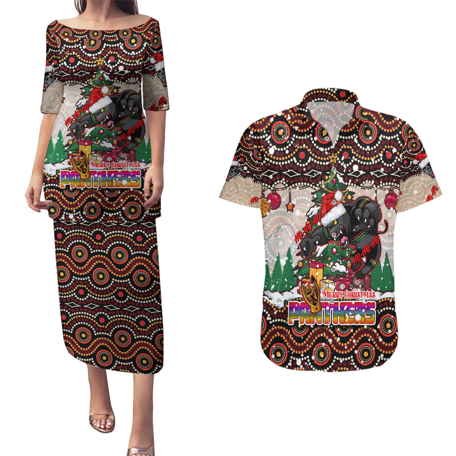 penrith-panthers-christmas-couples-matching-puletasi-dress-and-hawaiian-shirt-rugby-australia-mascot