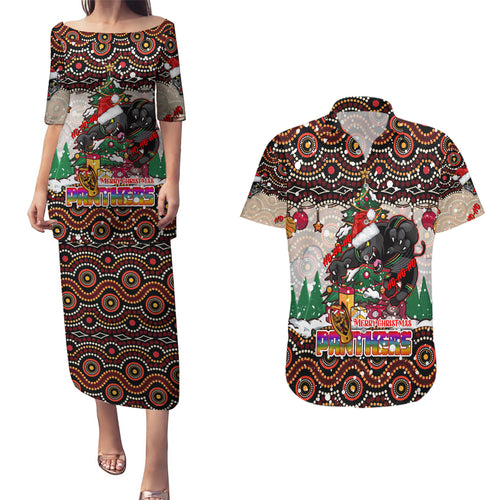 penrith-panthers-christmas-couples-matching-puletasi-dress-and-hawaiian-shirt-rugby-australia-mascot