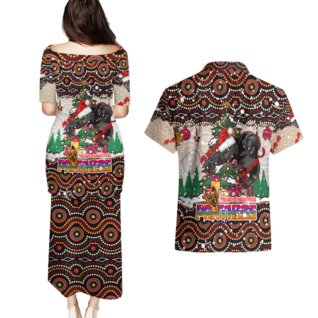 penrith-panthers-christmas-couples-matching-puletasi-dress-and-hawaiian-shirt-rugby-australia-mascot