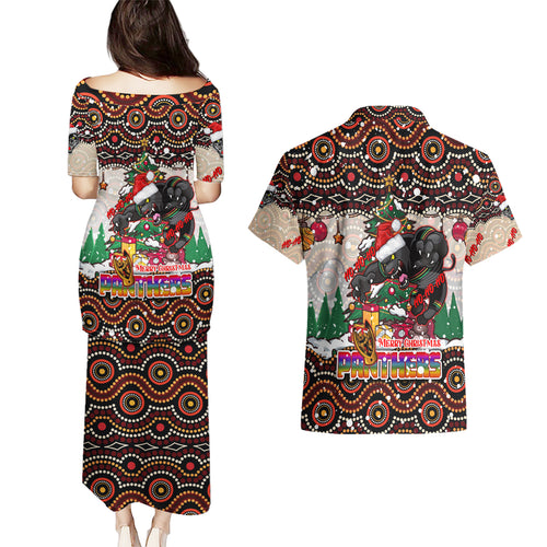 penrith-panthers-christmas-couples-matching-puletasi-dress-and-hawaiian-shirt-rugby-australia-mascot