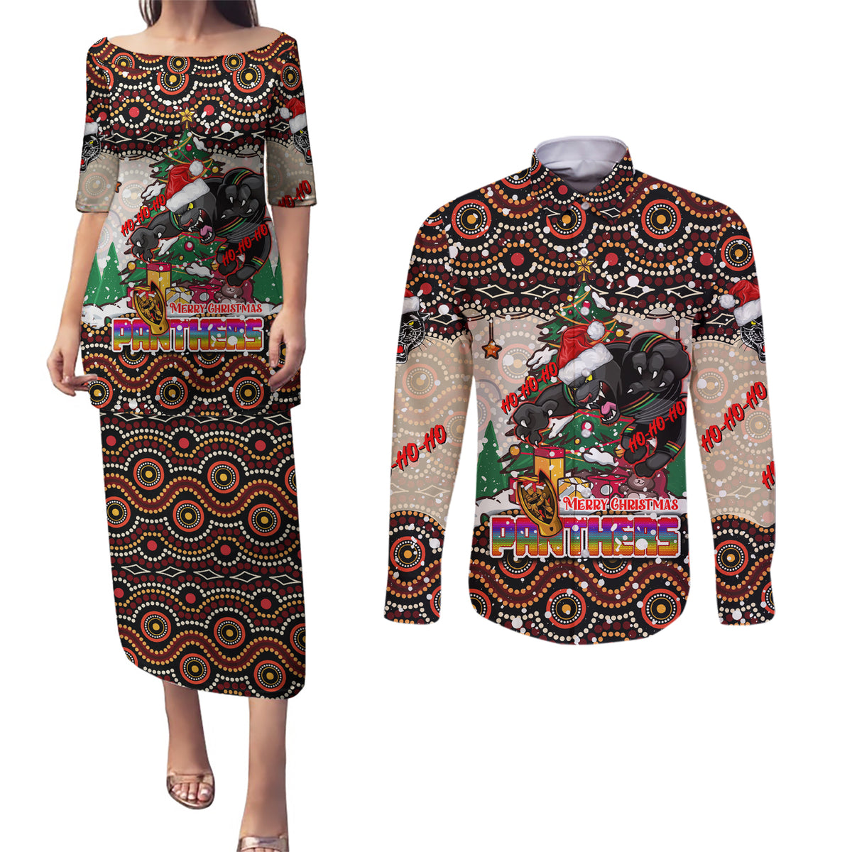 penrith-panthers-christmas-couples-matching-puletasi-dress-and-long-sleeve-button-shirt-rugby-australia-mascot