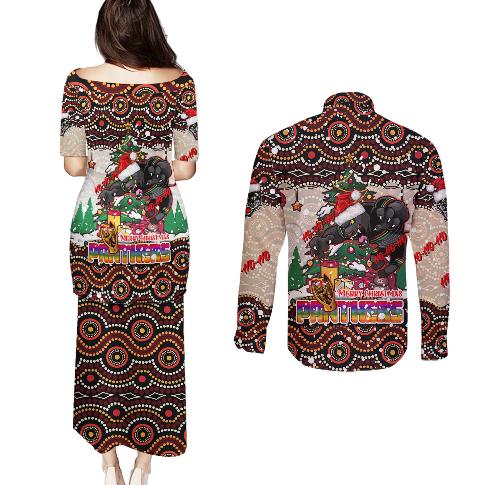 penrith-panthers-christmas-couples-matching-puletasi-dress-and-long-sleeve-button-shirt-rugby-australia-mascot