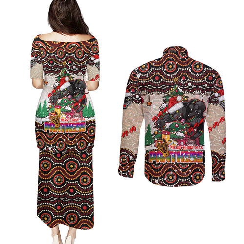 penrith-panthers-christmas-couples-matching-puletasi-dress-and-long-sleeve-button-shirt-rugby-australia-mascot