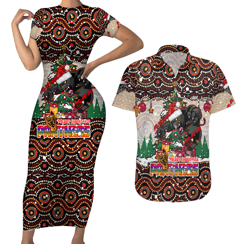 penrith-panthers-christmas-couples-matching-short-sleeve-bodycon-dress-and-hawaiian-shirt-rugby-australia-mascot