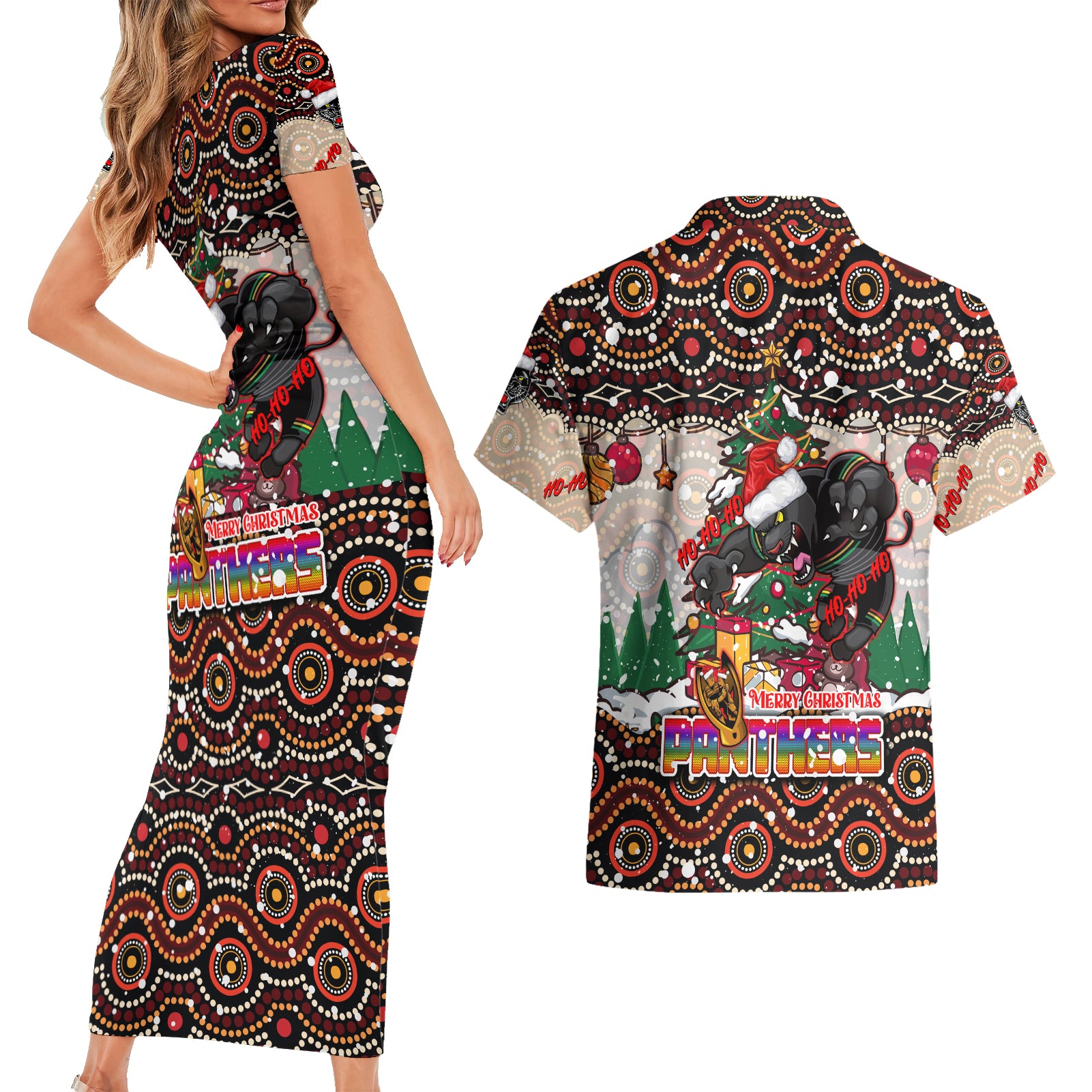 penrith-panthers-christmas-couples-matching-short-sleeve-bodycon-dress-and-hawaiian-shirt-rugby-australia-mascot