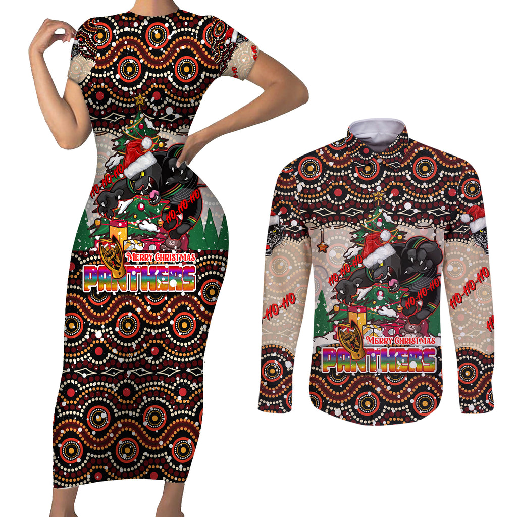 penrith-panthers-christmas-couples-matching-short-sleeve-bodycon-dress-and-long-sleeve-button-shirt-rugby-australia-mascot