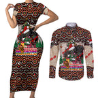 penrith-panthers-christmas-couples-matching-short-sleeve-bodycon-dress-and-long-sleeve-button-shirt-rugby-australia-mascot