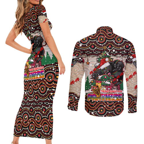 penrith-panthers-christmas-couples-matching-short-sleeve-bodycon-dress-and-long-sleeve-button-shirt-rugby-australia-mascot