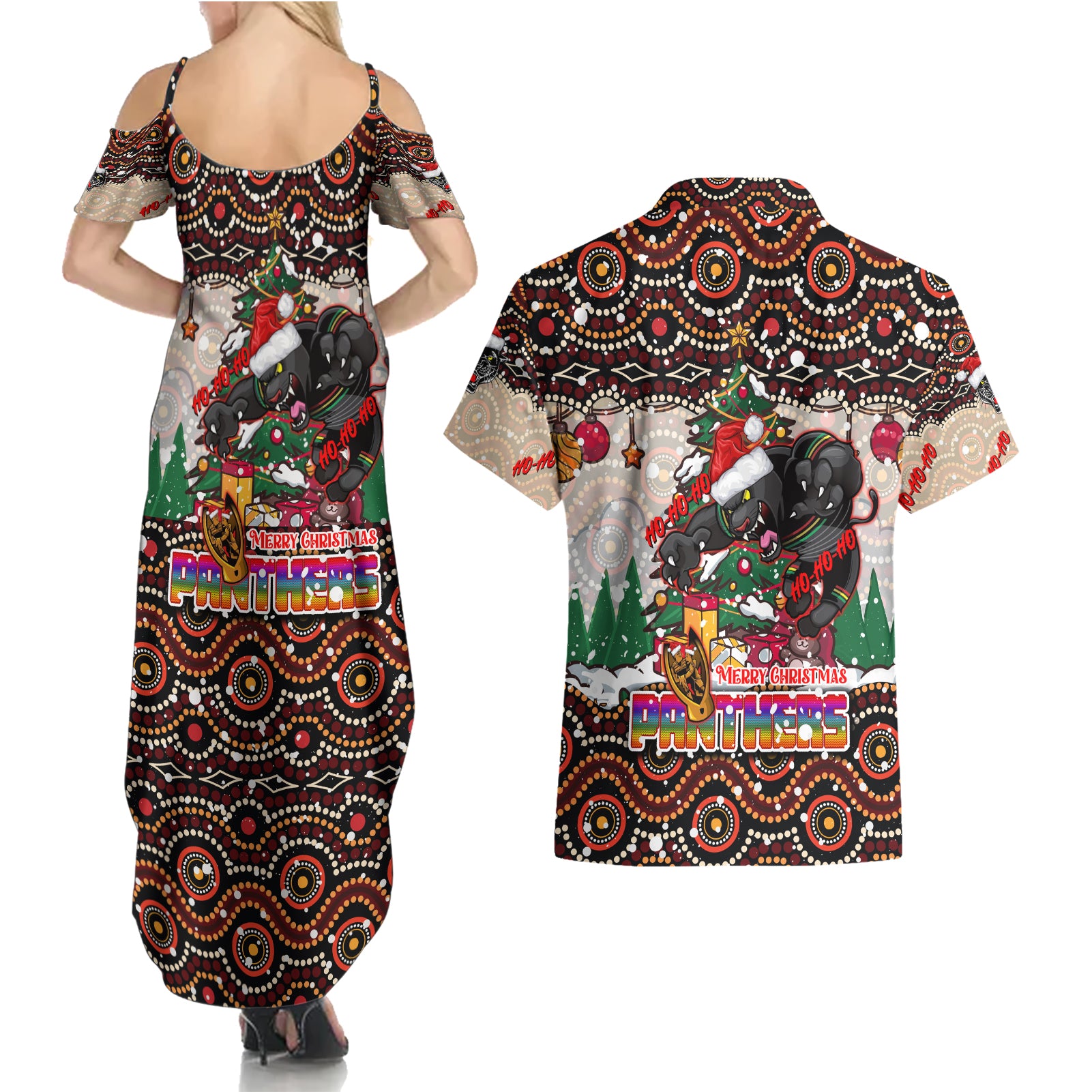 penrith-panthers-christmas-couples-matching-summer-maxi-dress-and-hawaiian-shirt-rugby-australia-mascot