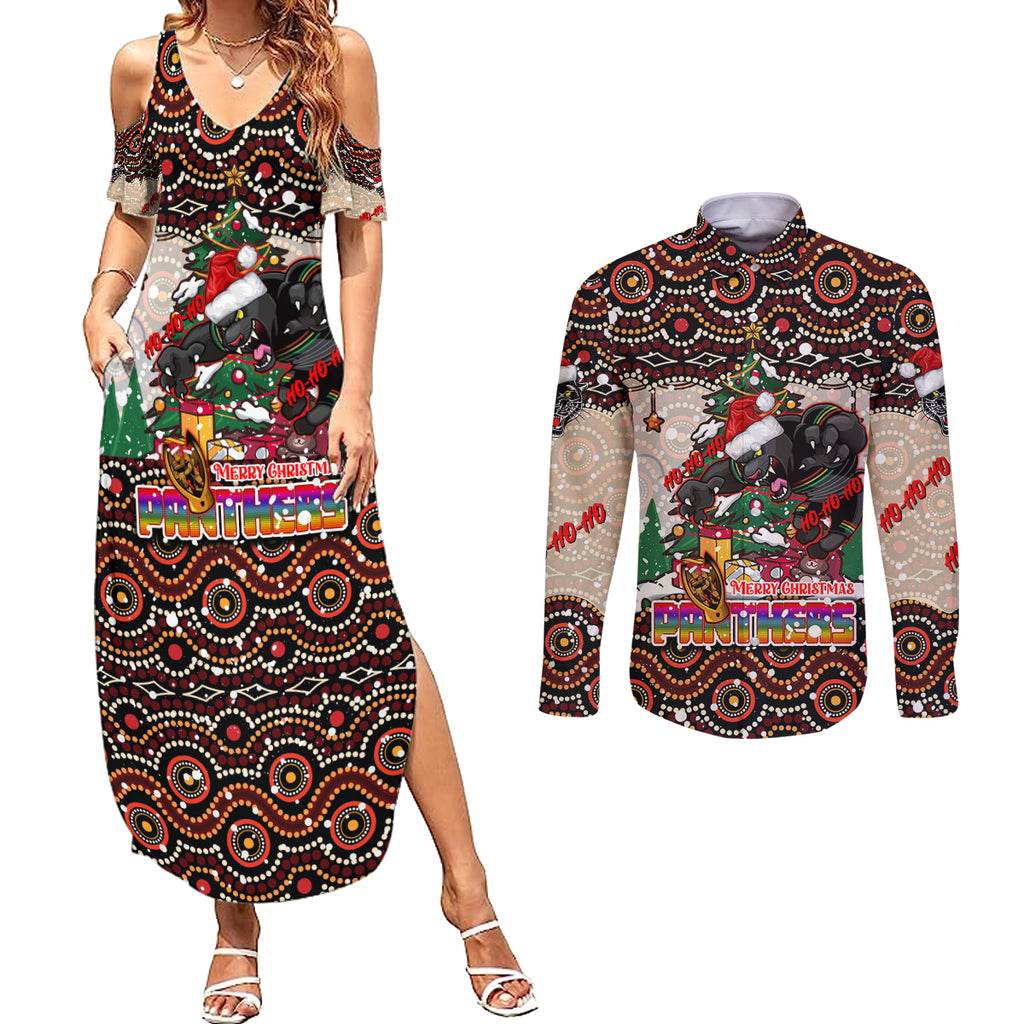 penrith-panthers-christmas-couples-matching-summer-maxi-dress-and-long-sleeve-button-shirt-rugby-australia-mascot