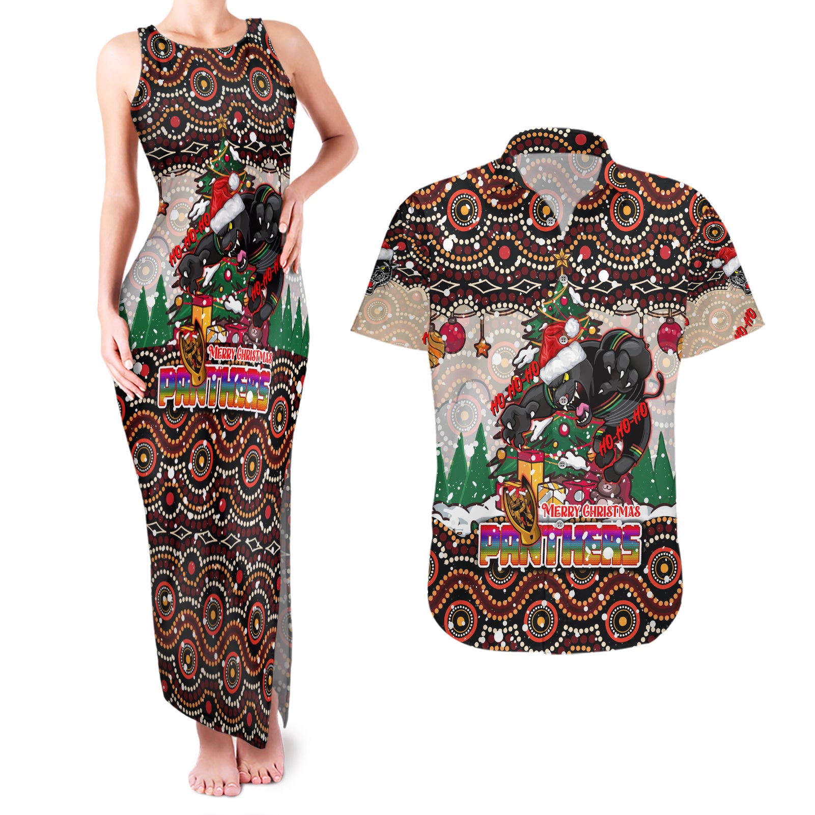 penrith-panthers-christmas-couples-matching-tank-maxi-dress-and-hawaiian-shirt-rugby-australia-mascot