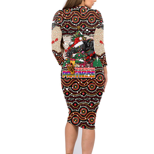 penrith-panthers-christmas-family-matching-long-sleeve-bodycon-dress-and-hawaiian-shirt-rugby-australia-mascot