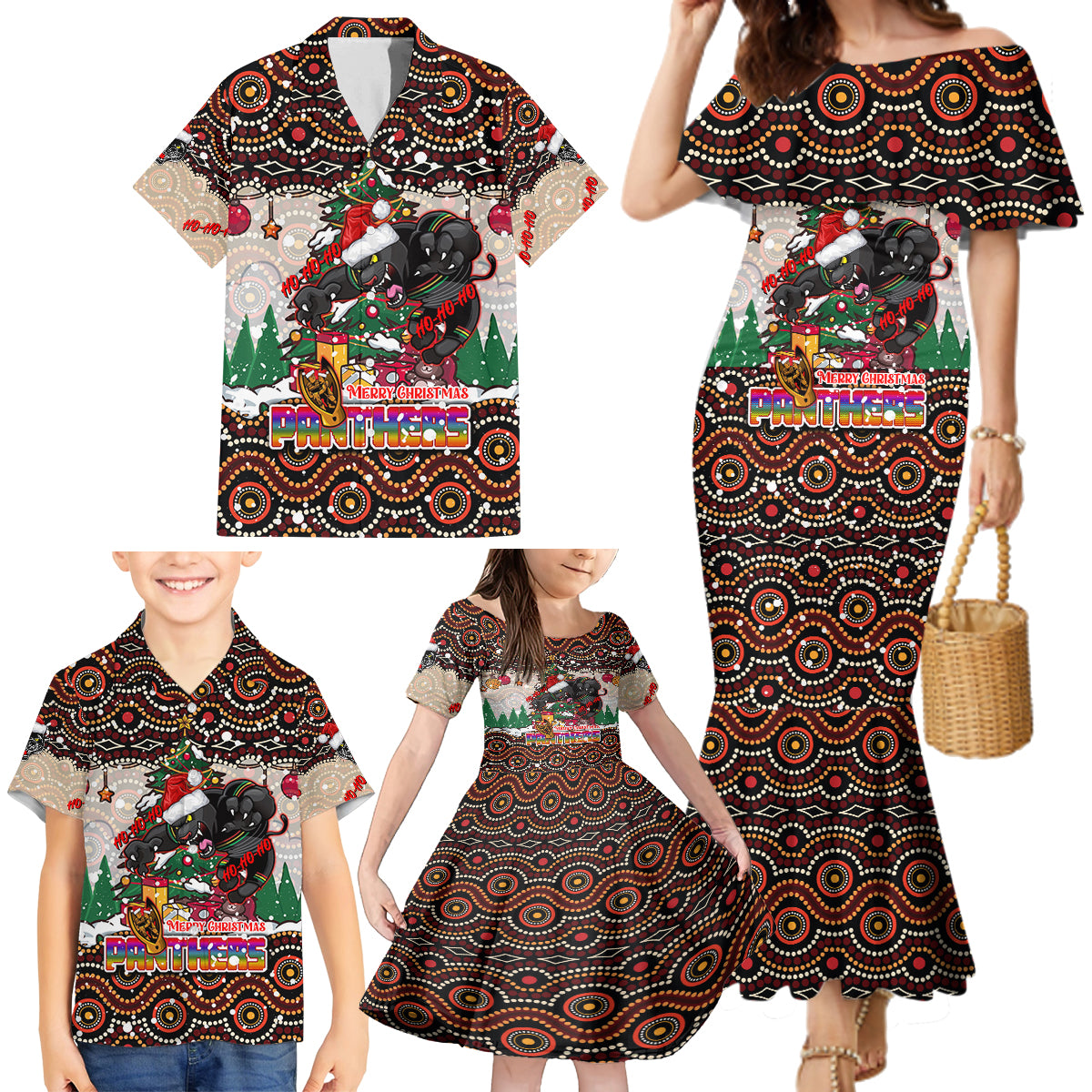 penrith-panthers-christmas-family-matching-mermaid-dress-and-hawaiian-shirt-rugby-australia-mascot