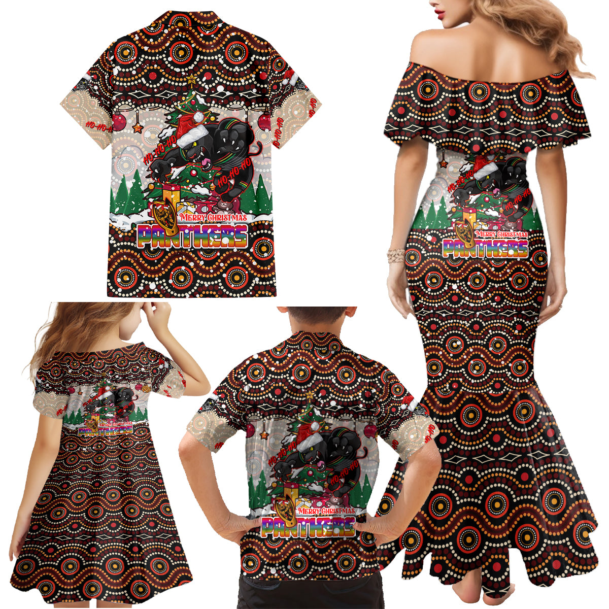 penrith-panthers-christmas-family-matching-mermaid-dress-and-hawaiian-shirt-rugby-australia-mascot