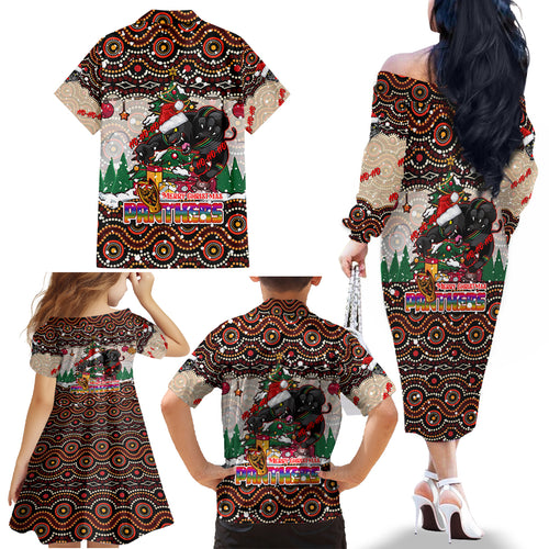 penrith-panthers-christmas-family-matching-off-shoulder-long-sleeve-dress-and-hawaiian-shirt-rugby-australia-mascot