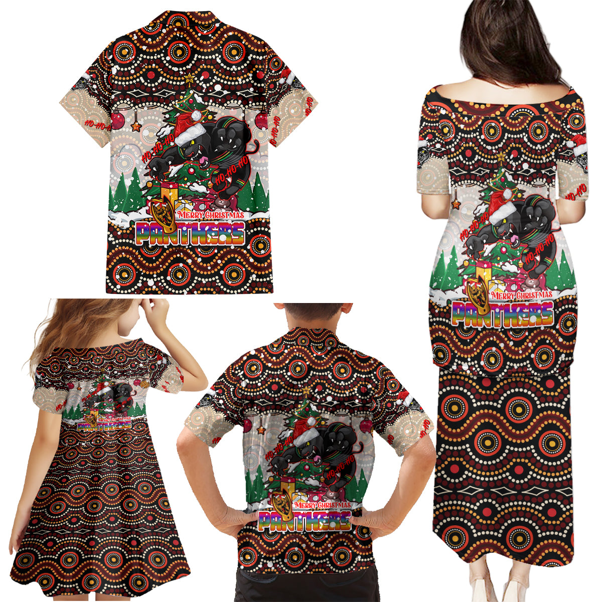 penrith-panthers-christmas-family-matching-puletasi-dress-and-hawaiian-shirt-rugby-australia-mascot
