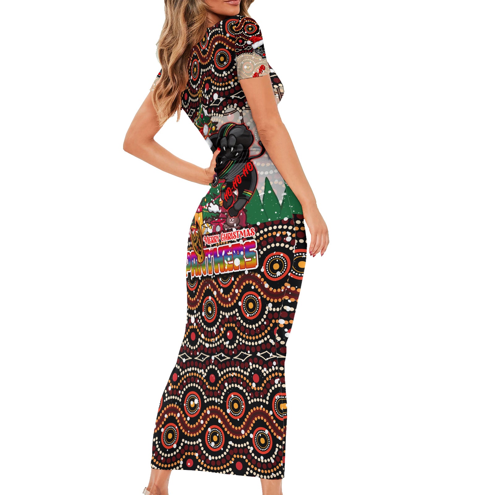 penrith-panthers-christmas-family-matching-short-sleeve-bodycon-dress-and-hawaiian-shirt-rugby-australia-mascot
