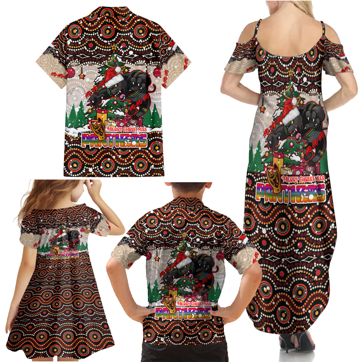 penrith-panthers-christmas-family-matching-summer-maxi-dress-and-hawaiian-shirt-rugby-australia-mascot