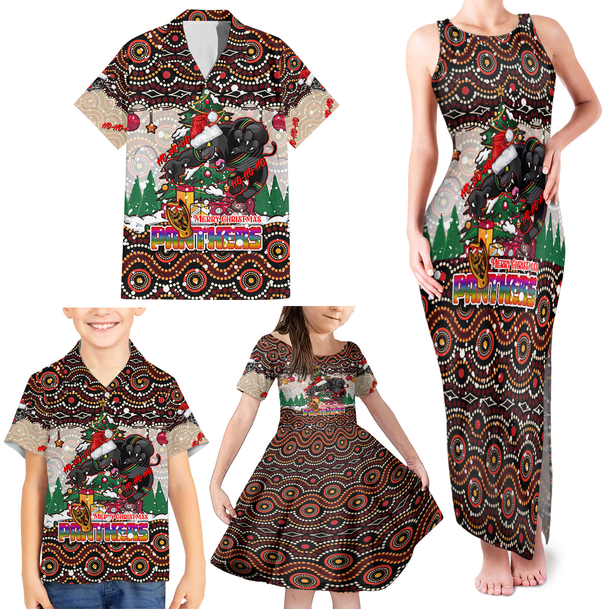 penrith-panthers-christmas-family-matching-tank-maxi-dress-and-hawaiian-shirt-rugby-australia-mascot