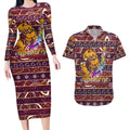 brisbane-broncos-christmas-couples-matching-long-sleeve-bodycon-dress-and-hawaiian-shirt-rugby-australia-mascot