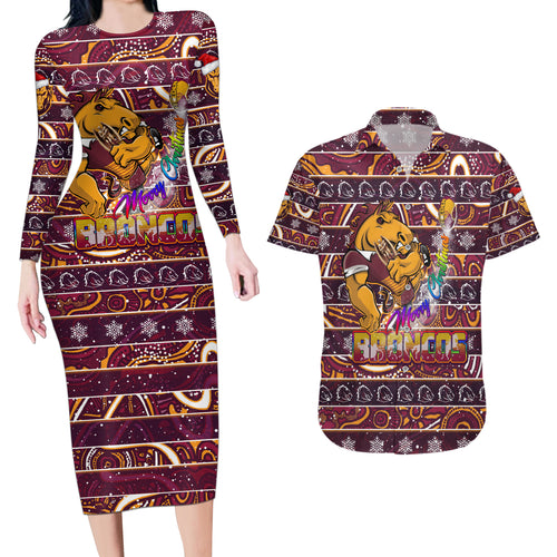 brisbane-broncos-christmas-couples-matching-long-sleeve-bodycon-dress-and-hawaiian-shirt-rugby-australia-mascot