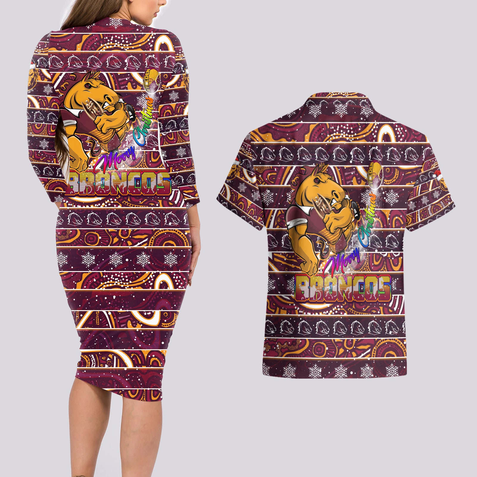 brisbane-broncos-christmas-couples-matching-long-sleeve-bodycon-dress-and-hawaiian-shirt-rugby-australia-mascot