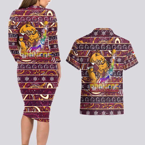 brisbane-broncos-christmas-couples-matching-long-sleeve-bodycon-dress-and-hawaiian-shirt-rugby-australia-mascot