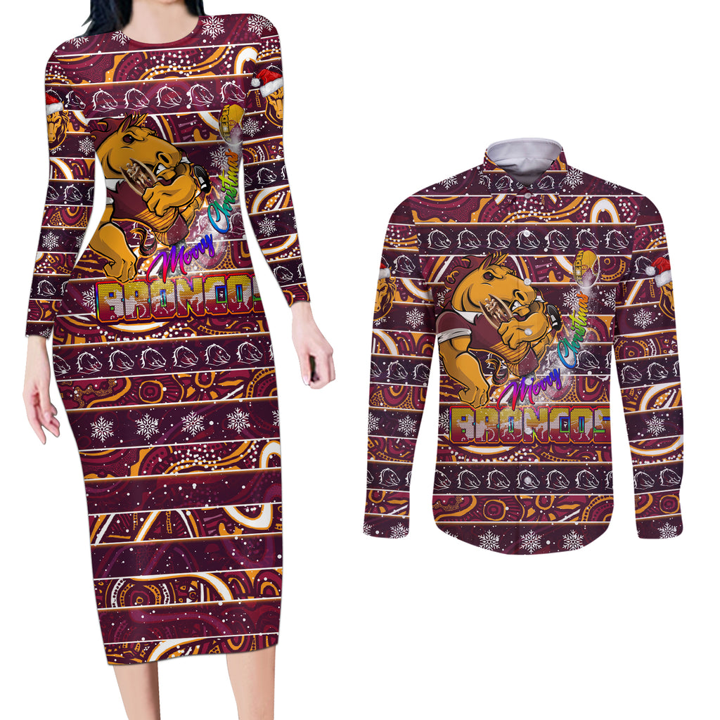 brisbane-broncos-christmas-couples-matching-long-sleeve-bodycon-dress-and-long-sleeve-button-shirt-rugby-australia-mascot