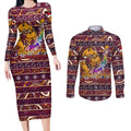 brisbane-broncos-christmas-couples-matching-long-sleeve-bodycon-dress-and-long-sleeve-button-shirt-rugby-australia-mascot