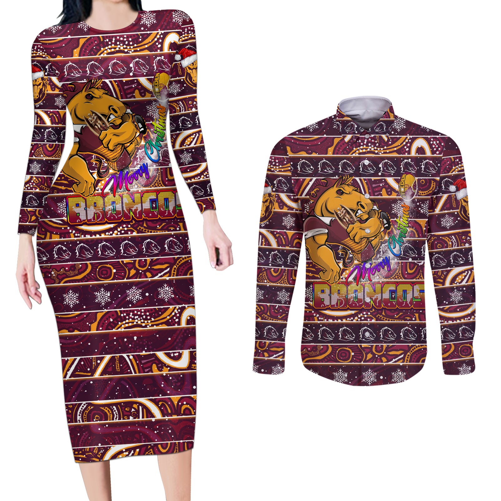 brisbane-broncos-christmas-couples-matching-long-sleeve-bodycon-dress-and-long-sleeve-button-shirt-rugby-australia-mascot