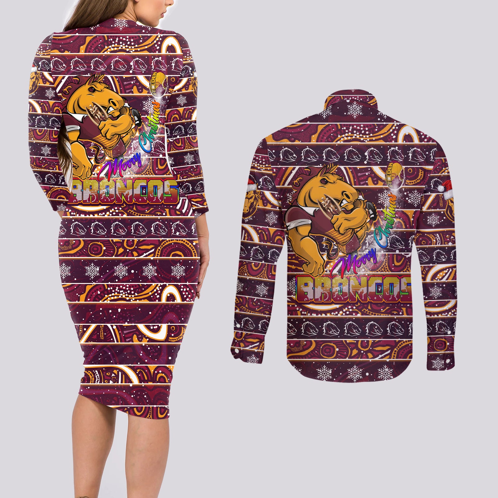 brisbane-broncos-christmas-couples-matching-long-sleeve-bodycon-dress-and-long-sleeve-button-shirt-rugby-australia-mascot