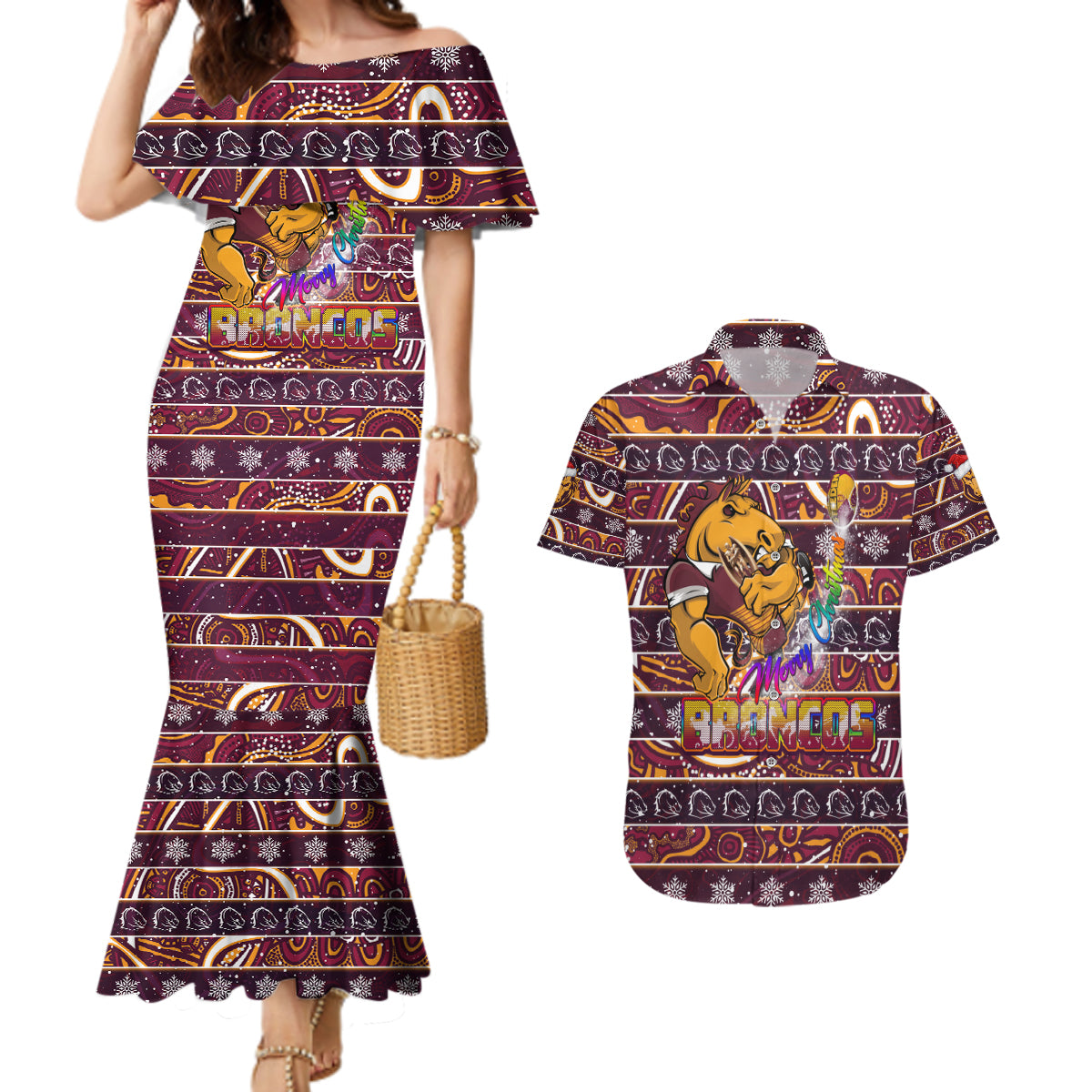 brisbane-broncos-christmas-couples-matching-mermaid-dress-and-hawaiian-shirt-rugby-australia-mascot