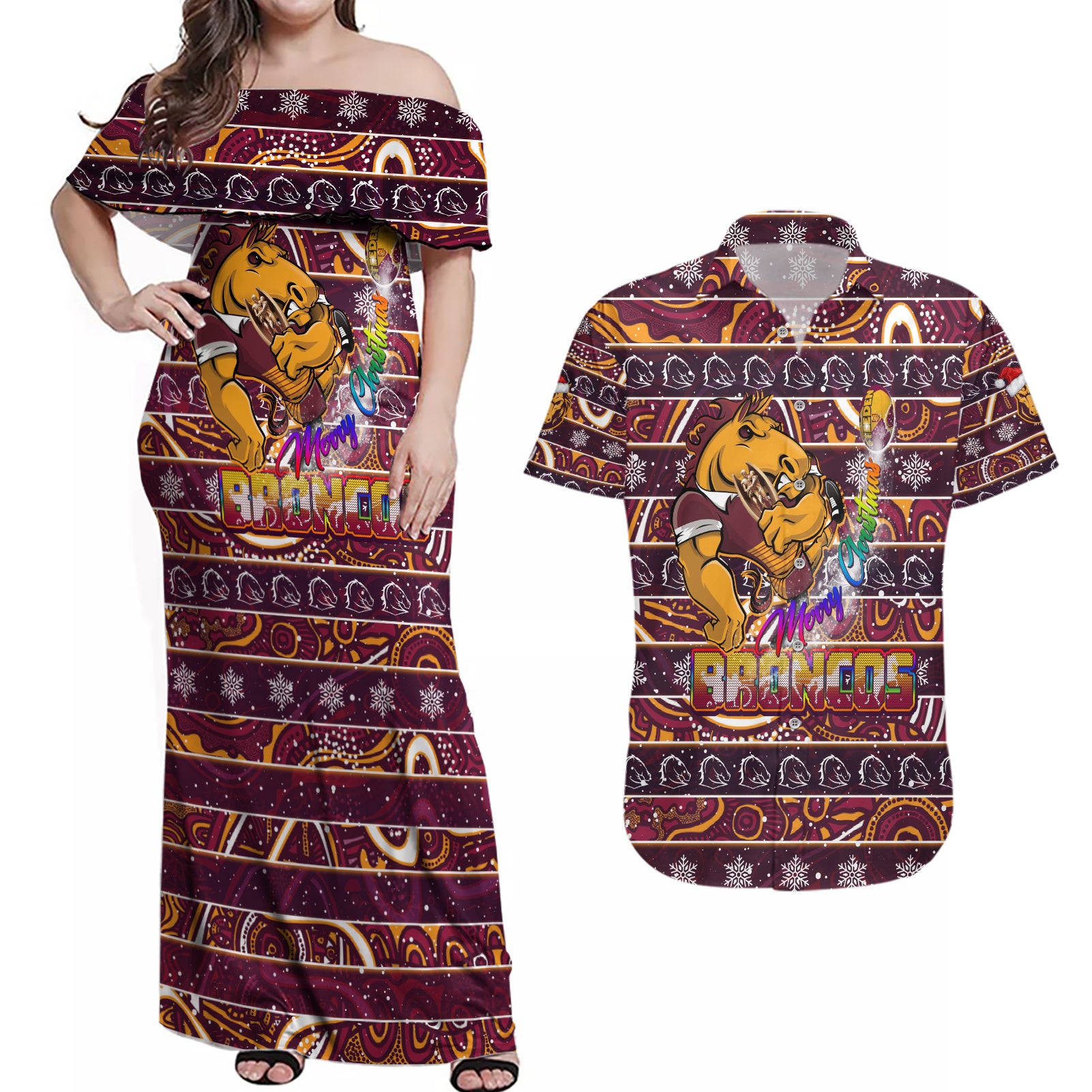 brisbane-broncos-christmas-couples-matching-off-shoulder-maxi-dress-and-hawaiian-shirt-rugby-australia-mascot