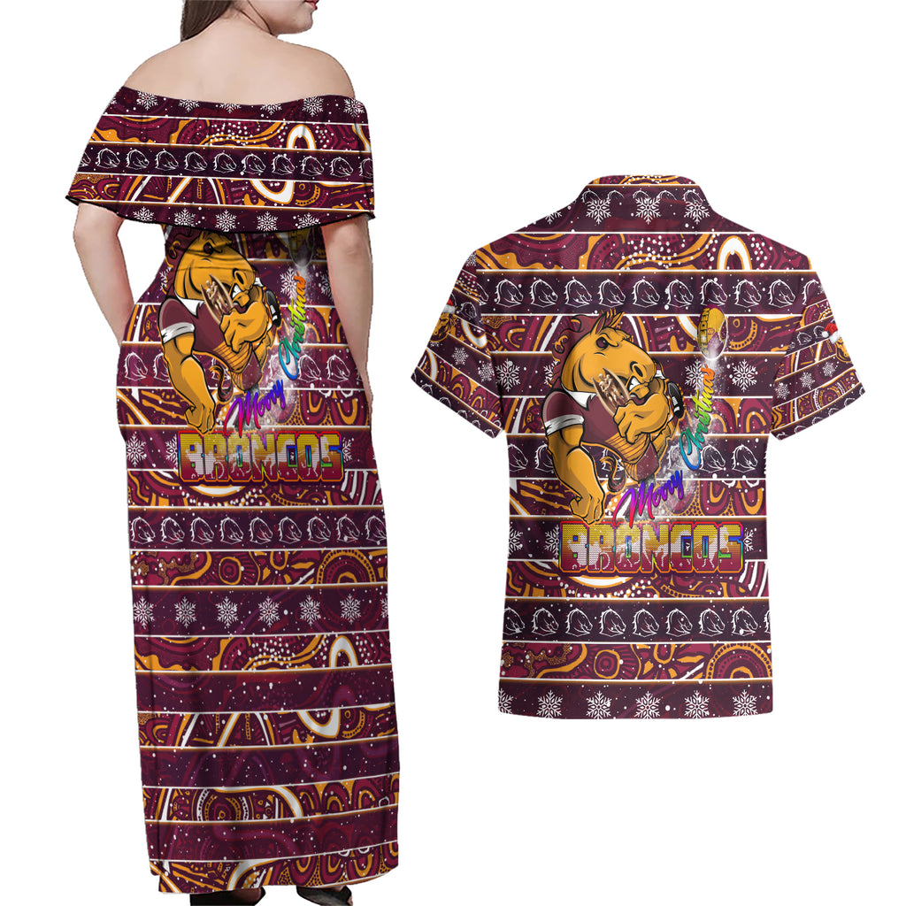 brisbane-broncos-christmas-couples-matching-off-shoulder-maxi-dress-and-hawaiian-shirt-rugby-australia-mascot