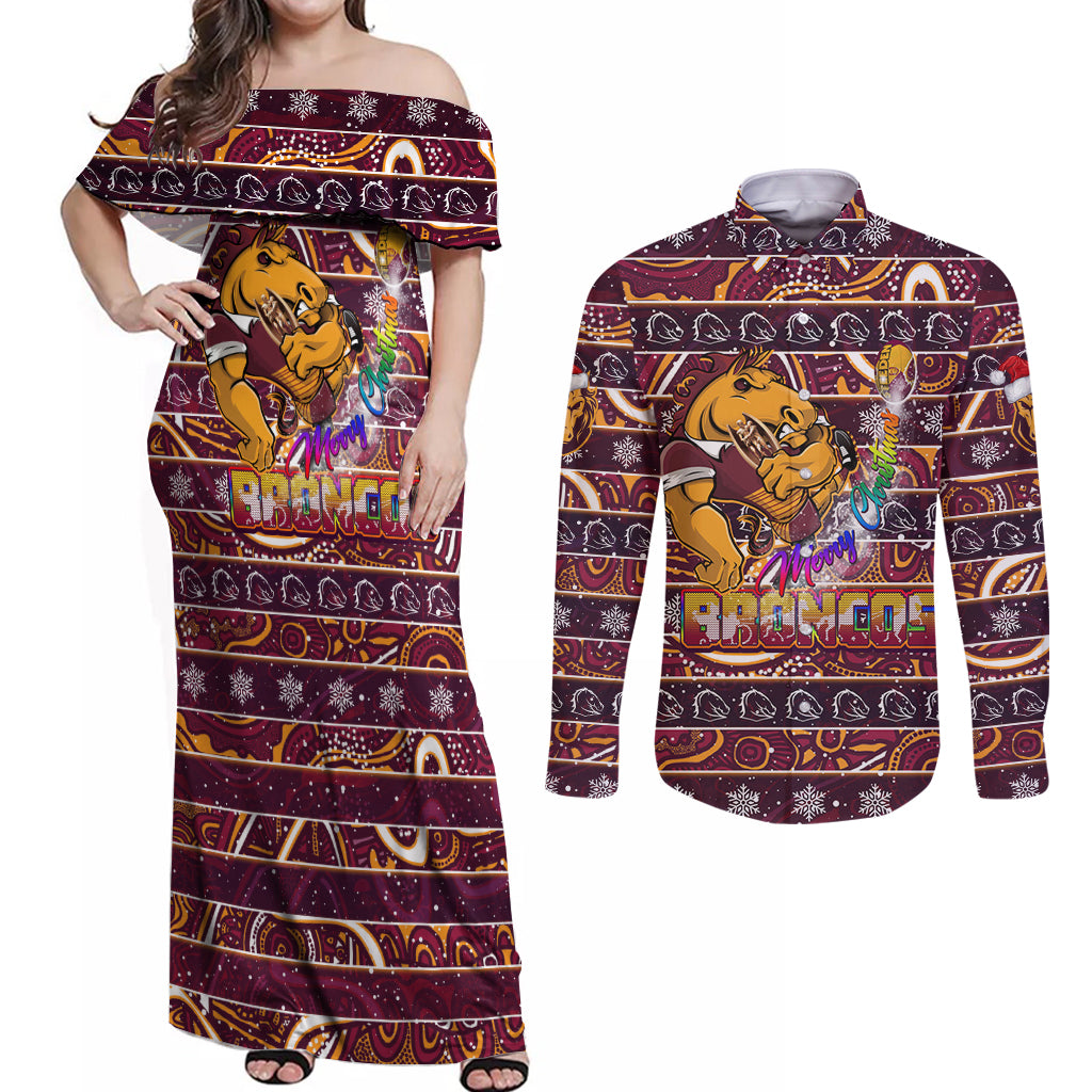 brisbane-broncos-christmas-couples-matching-off-shoulder-maxi-dress-and-long-sleeve-button-shirt-rugby-australia-mascot