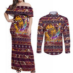 brisbane-broncos-christmas-couples-matching-off-shoulder-maxi-dress-and-long-sleeve-button-shirt-rugby-australia-mascot