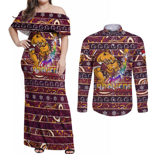 brisbane-broncos-christmas-couples-matching-off-shoulder-maxi-dress-and-long-sleeve-button-shirt-rugby-australia-mascot