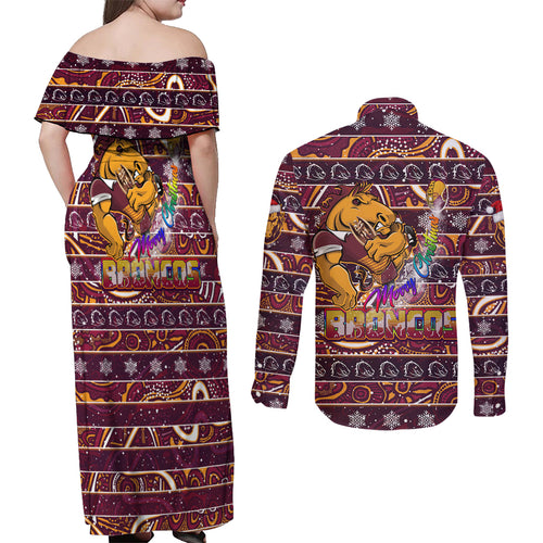 brisbane-broncos-christmas-couples-matching-off-shoulder-maxi-dress-and-long-sleeve-button-shirt-rugby-australia-mascot