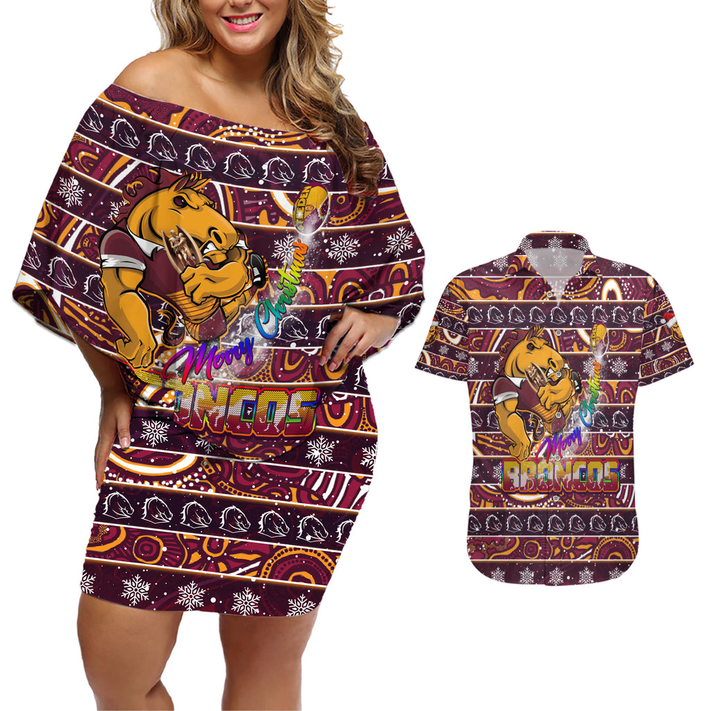 brisbane-broncos-christmas-couples-matching-off-shoulder-short-dress-and-hawaiian-shirt-rugby-australia-mascot