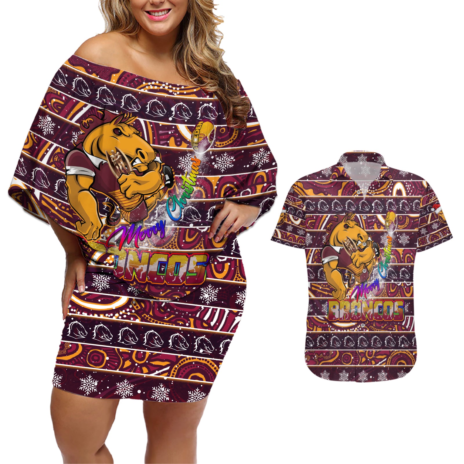 brisbane-broncos-christmas-couples-matching-off-shoulder-short-dress-and-hawaiian-shirt-rugby-australia-mascot
