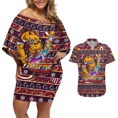 brisbane-broncos-christmas-couples-matching-off-shoulder-short-dress-and-hawaiian-shirt-rugby-australia-mascot