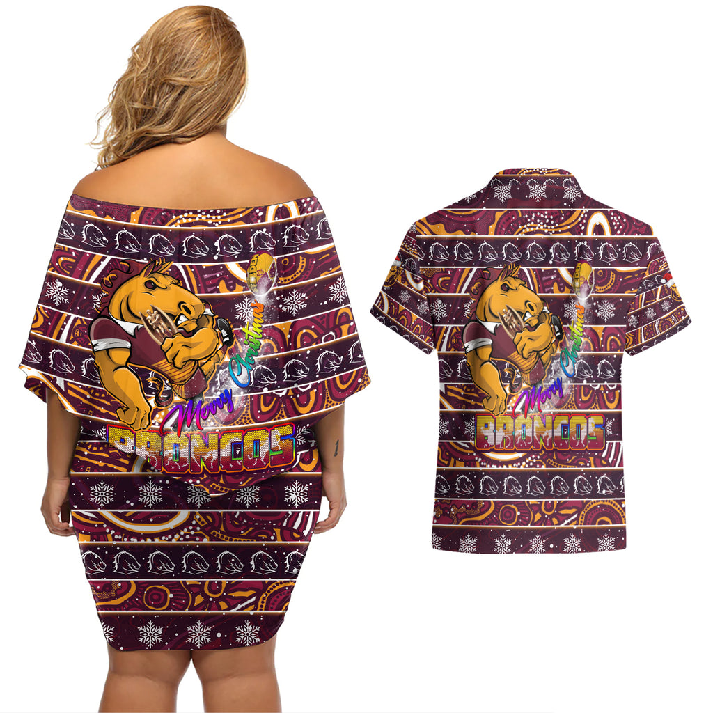 brisbane-broncos-christmas-couples-matching-off-shoulder-short-dress-and-hawaiian-shirt-rugby-australia-mascot