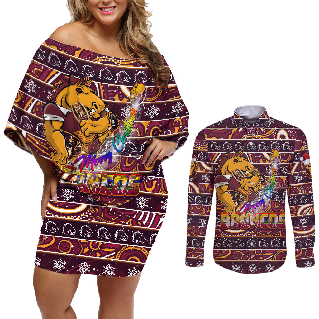 brisbane-broncos-christmas-couples-matching-off-shoulder-short-dress-and-long-sleeve-button-shirt-rugby-australia-mascot