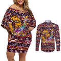 brisbane-broncos-christmas-couples-matching-off-shoulder-short-dress-and-long-sleeve-button-shirt-rugby-australia-mascot
