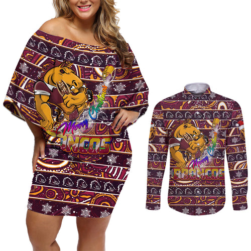 brisbane-broncos-christmas-couples-matching-off-shoulder-short-dress-and-long-sleeve-button-shirt-rugby-australia-mascot